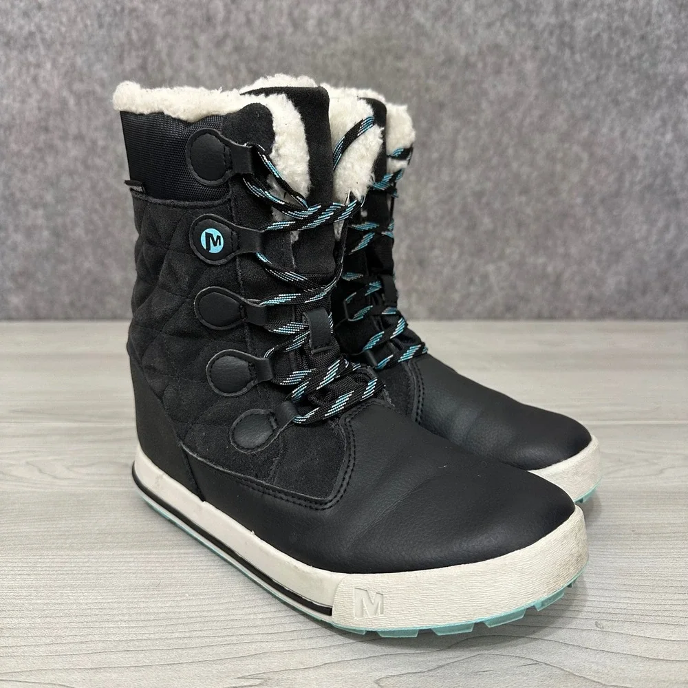 Merrell‎ Heidi Waterproof Boots Kids 3M Black Quilted Faux Fur Winter Snow